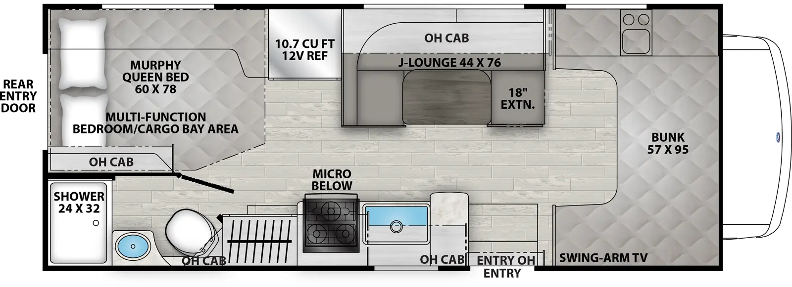 The Freelander 22XG - Ford E-450 has one entry and zero slide outs. Exterior features include: 15' awning. Interiors features include: murphy bed and bunk over cab.